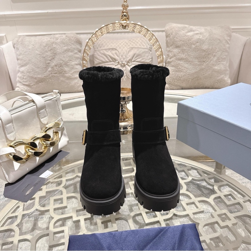 Prada Black Winter Boots with Gold Buckle - Picture 2 of 8